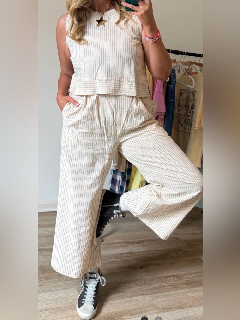 Very J Cream Pinstripe Wide-Leg Pant Set